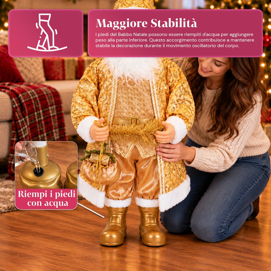 Babbo Natale Danzante 130 cm con Musica, Statua Natalizia Oro che Danza Ride e Canta, Più Modalità e Brani, Base da Riempire, Alimentatore Incluso