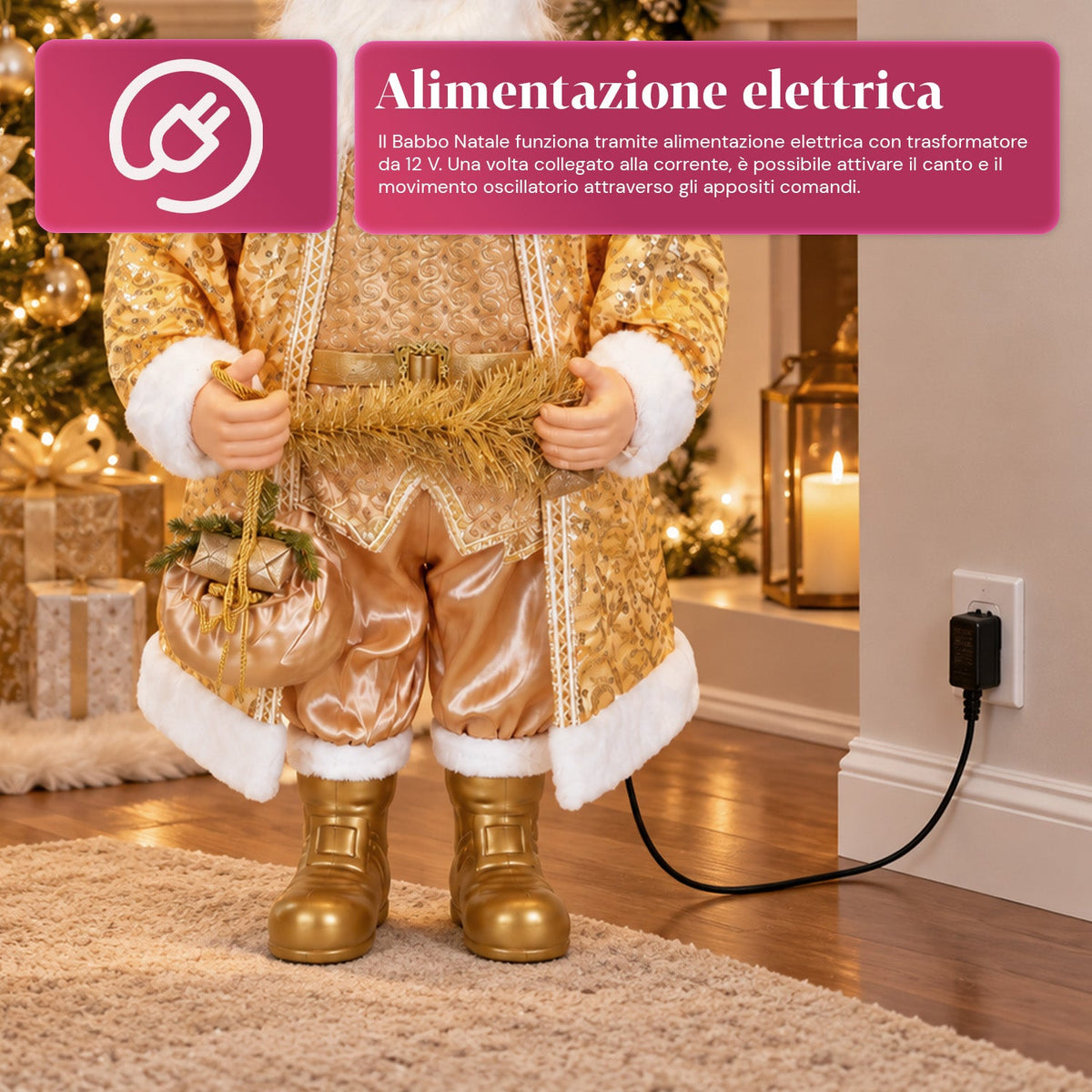 Babbo Natale Danzante 130 cm con Musica, Statua Natalizia Oro che Danza Ride e Canta, Più Modalità e Brani, Base da Riempire, Alimentatore Incluso