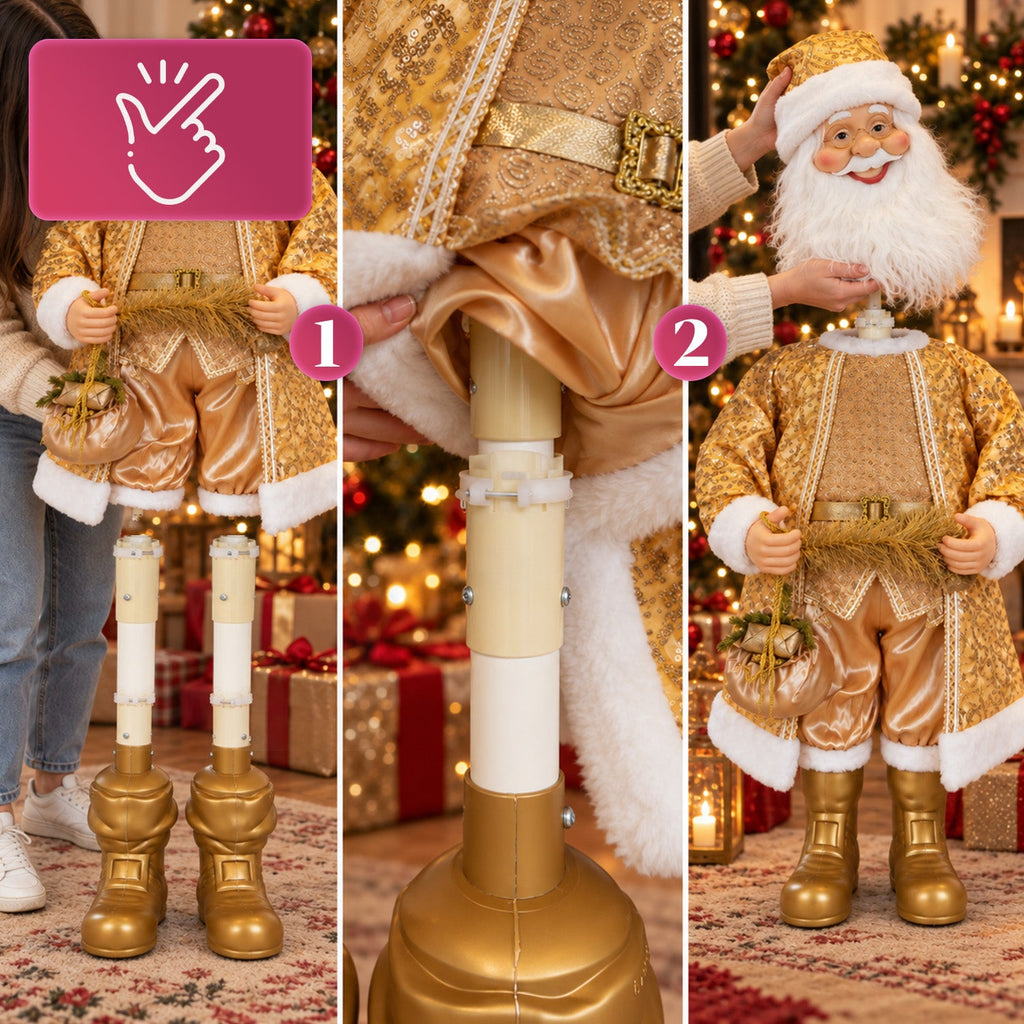 Babbo Natale Danzante 130 cm con Musica, Statua Natalizia Oro che Danza Ride e Canta, Più Modalità e Brani, Base da Riempire, Alimentatore Incluso