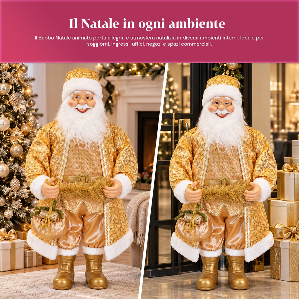 Babbo Natale Danzante 130 cm con Musica, Statua Natalizia Oro che Danza Ride e Canta, Più Modalità e Brani, Base da Riempire, Alimentatore Incluso