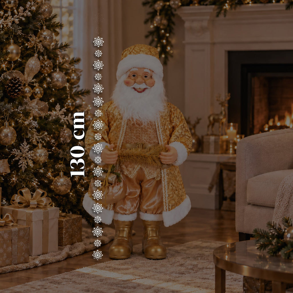 Babbo Natale Danzante 130 cm con Musica, Statua Natalizia Oro che Danza Ride e Canta, Più Modalità e Brani, Base da Riempire, Alimentatore Incluso