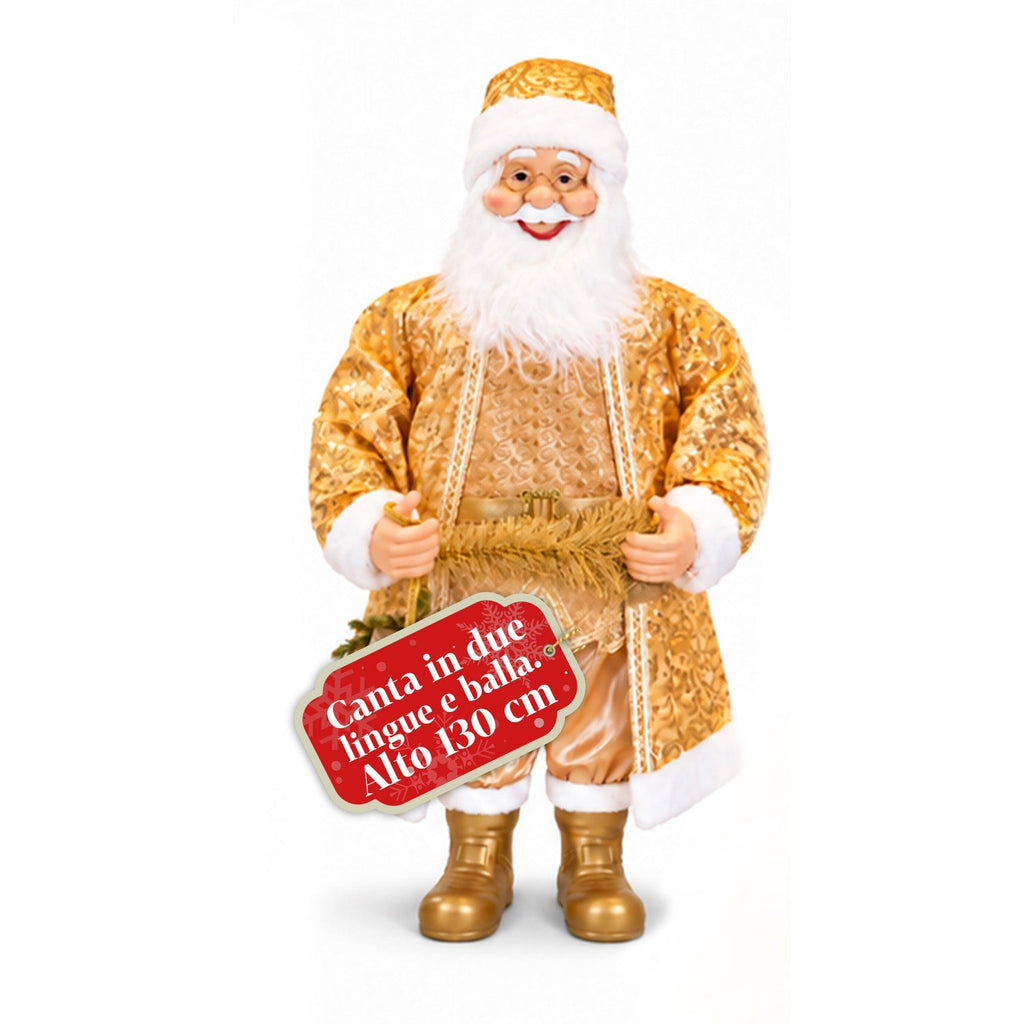 Babbo Natale Danzante 130 cm con Musica, Statua Natalizia Oro che Danza Ride e Canta, Più Modalità e Brani, Base da Riempire, Alimentatore Incluso