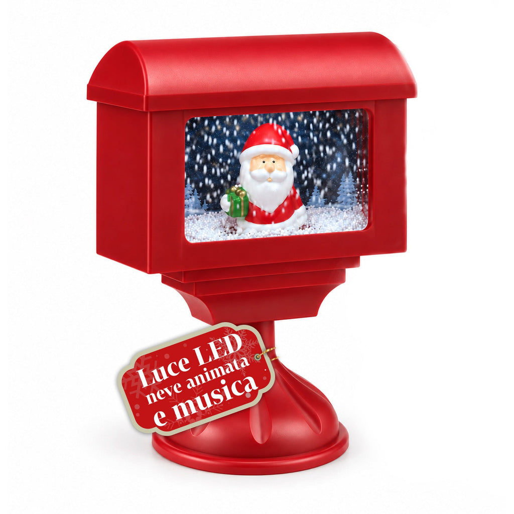 Lampione decorativo natalizio a cassetta postale con effetto neve, luci LED e musica, 2 varianti Babbo Natale o Orsetto, altezza 41 cm, a batterie