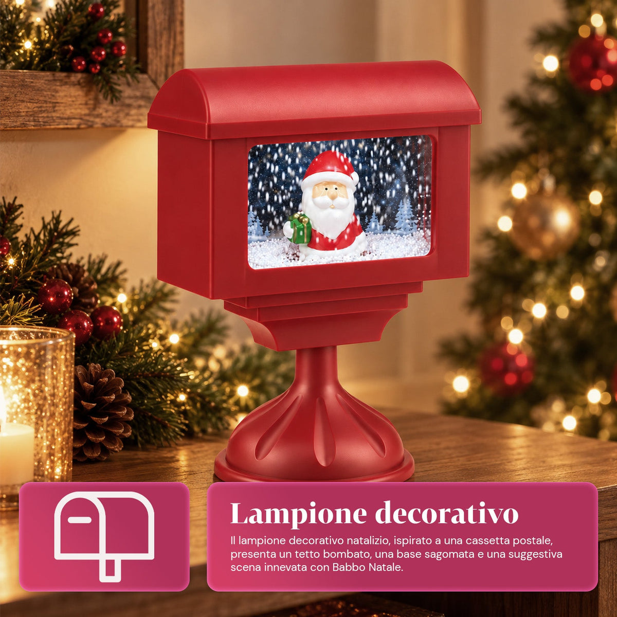 Lampione decorativo natalizio a cassetta postale con effetto neve, luci LED e musica, 2 varianti Babbo Natale o Orsetto, altezza 41 cm, a batterie