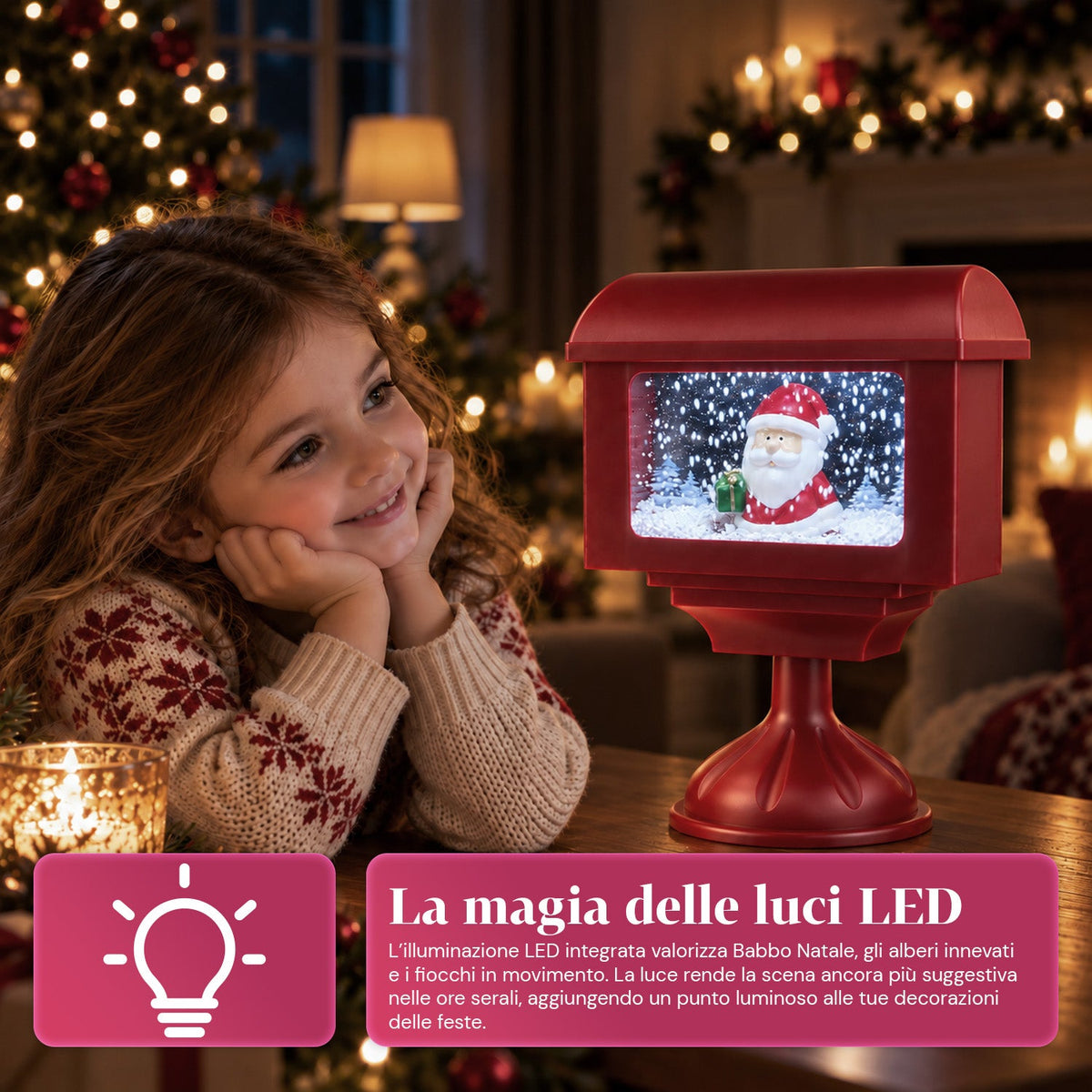 Lampione decorativo natalizio a cassetta postale con effetto neve, luci LED e musica, 2 varianti Babbo Natale o Orsetto, altezza 41 cm, a batterie