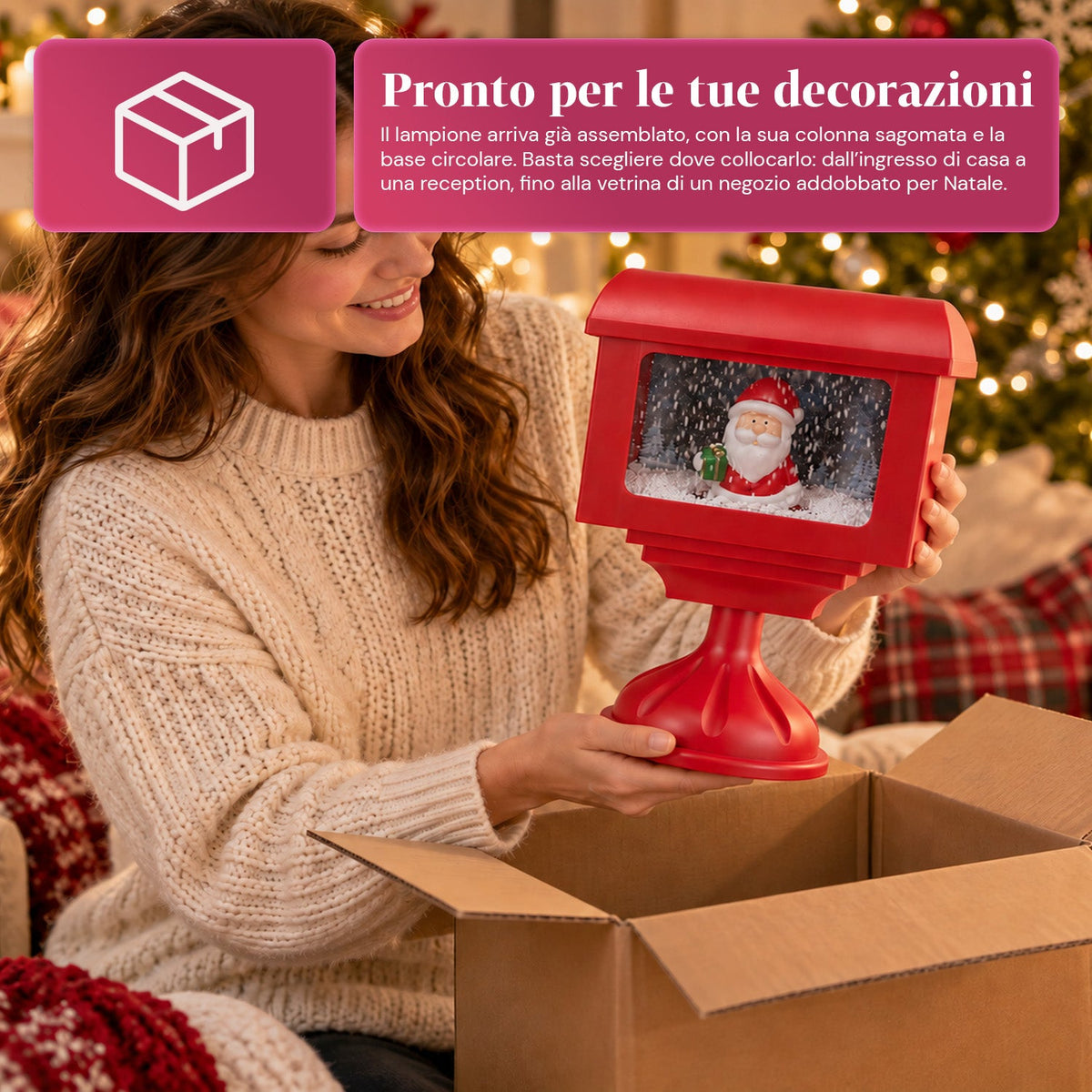 Lampione decorativo natalizio a cassetta postale con effetto neve, luci LED e musica, 2 varianti Babbo Natale o Orsetto, altezza 41 cm, a batterie