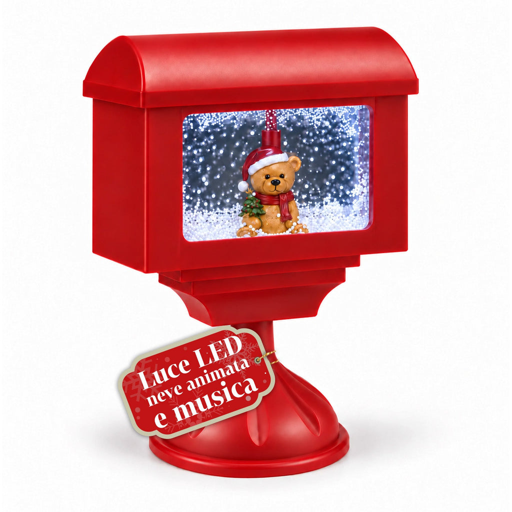 Lampione decorativo natalizio a cassetta postale con effetto neve, luci LED e musica, 2 varianti Babbo Natale o Orsetto, altezza 41 cm, a batterie