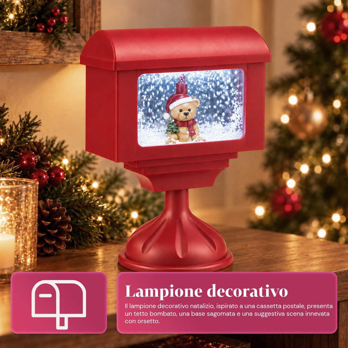 Lampione decorativo natalizio a cassetta postale con effetto neve, luci LED e musica, 2 varianti Babbo Natale o Orsetto, altezza 41 cm, a batterie