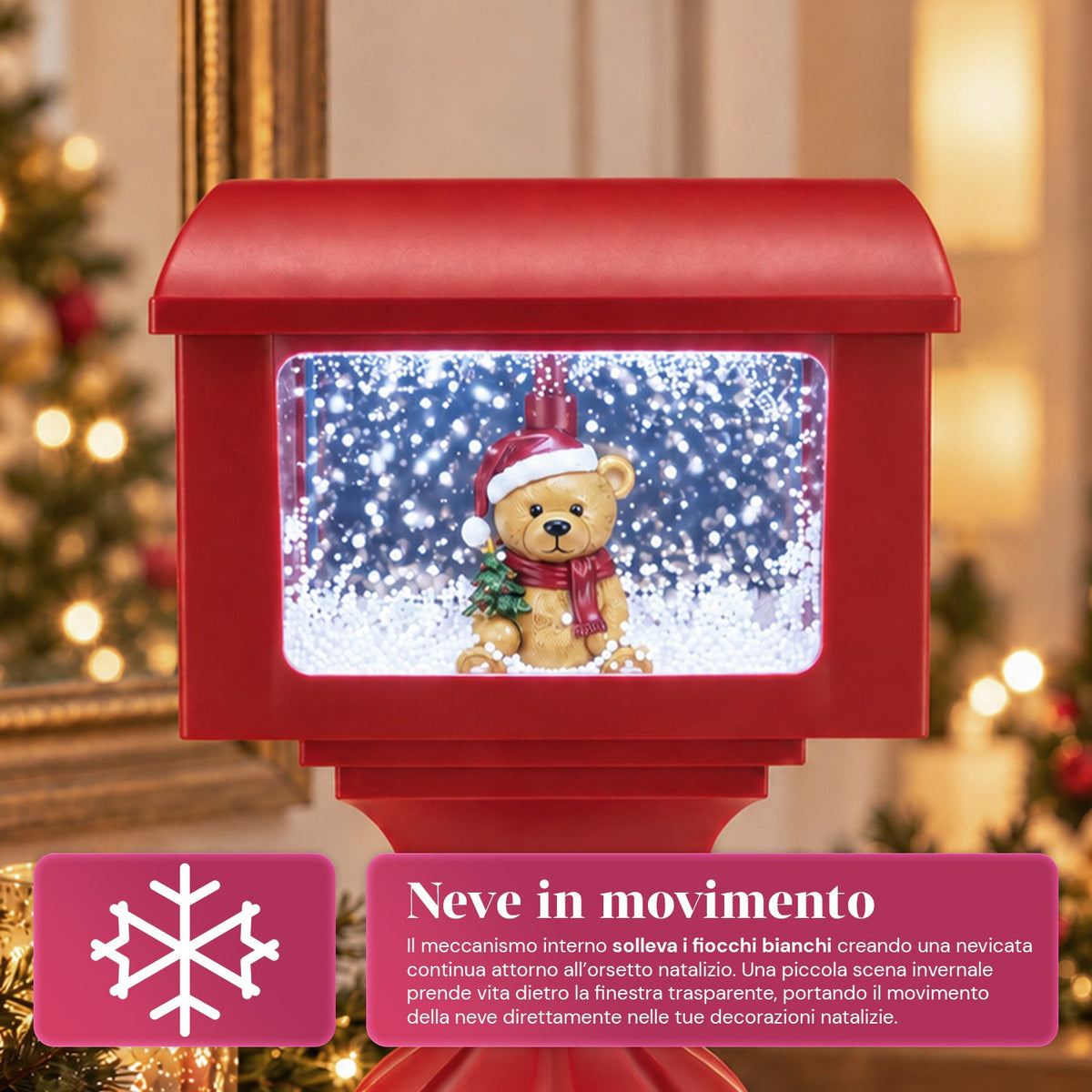 Lampione decorativo natalizio a cassetta postale con effetto neve, luci LED e musica, 2 varianti Babbo Natale o Orsetto, altezza 41 cm, a batterie