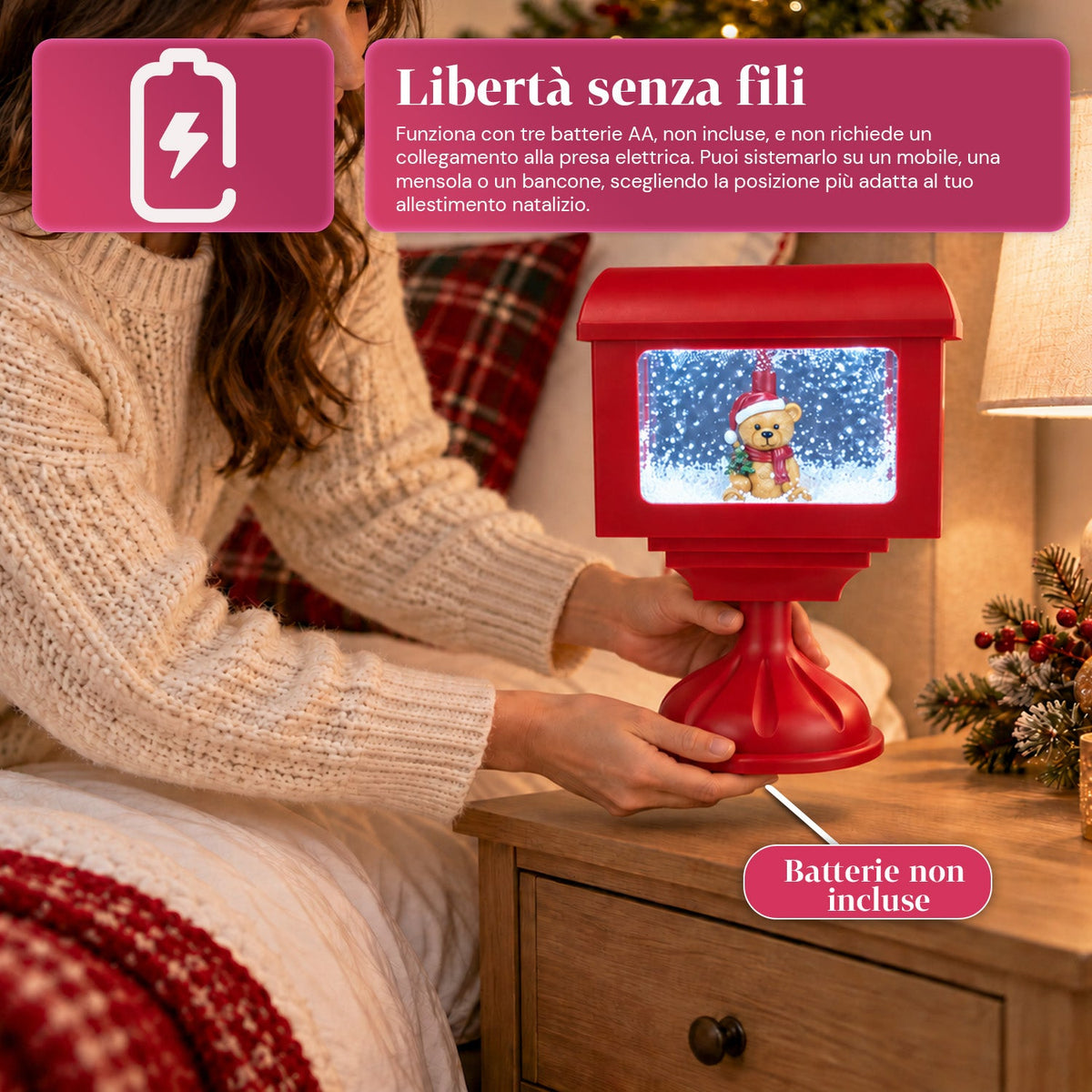 Lampione decorativo natalizio a cassetta postale con effetto neve, luci LED e musica, 2 varianti Babbo Natale o Orsetto, altezza 41 cm, a batterie