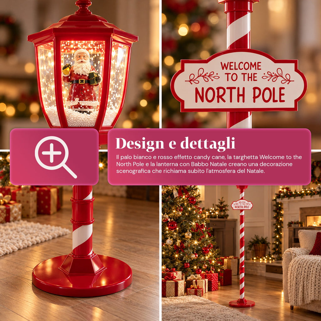 Lampione Natalizio Rosso 180 cm con Neve, Luce LED e Musica, 2 Varianti Babbo Natale o Orsetto, Effetto Palla di Vetro, Addobbo di Natale da Terra