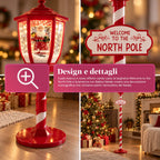 Lampione Natalizio Rosso 180 cm con Neve, Luce LED e Musica, 2 Varianti Babbo Natale o Orsetto, Effetto Palla di Vetro, Addobbo di Natale da Terra