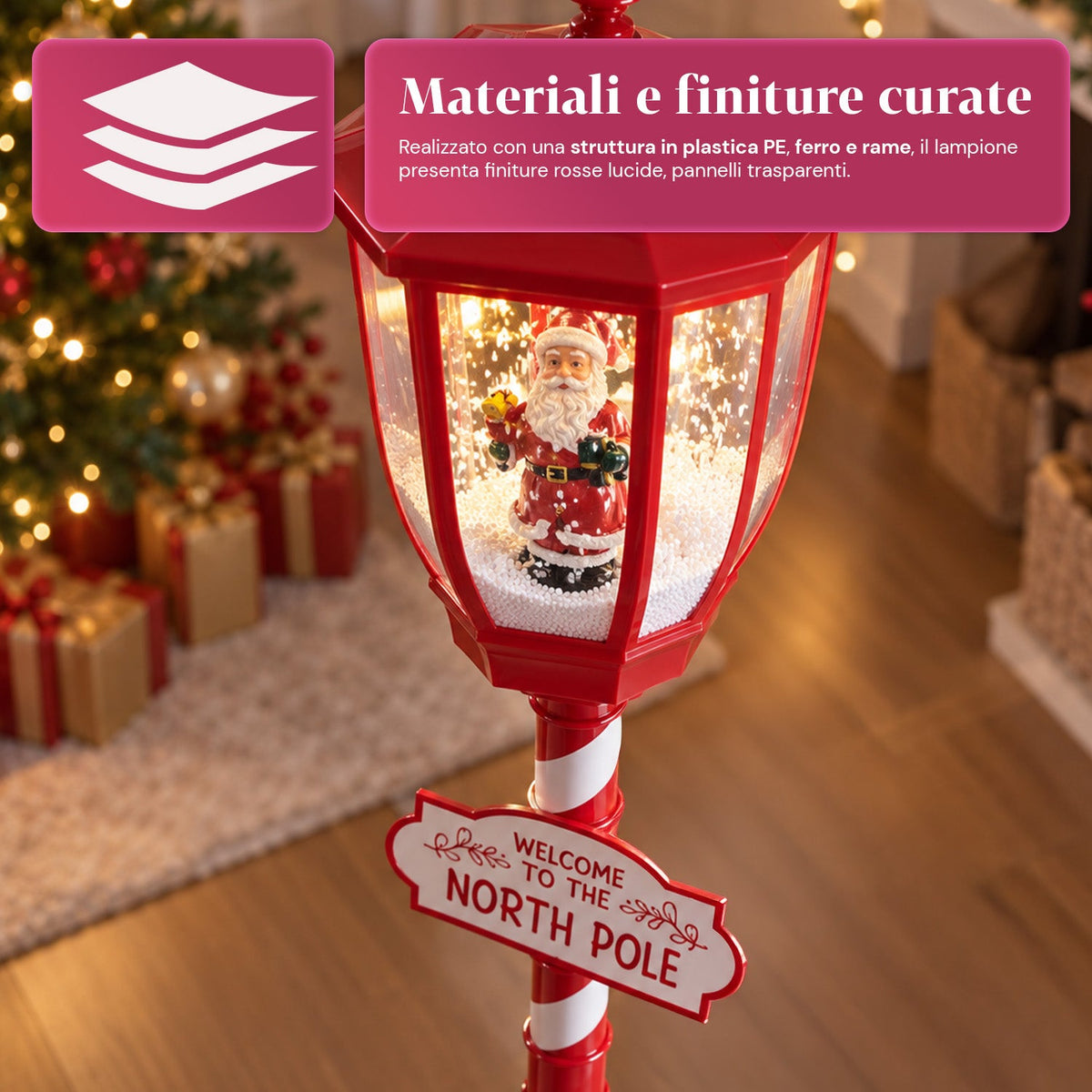 Lampione Natalizio Rosso 180 cm con Neve, Luce LED e Musica, 2 Varianti Babbo Natale o Orsetto, Effetto Palla di Vetro, Addobbo di Natale da Terra