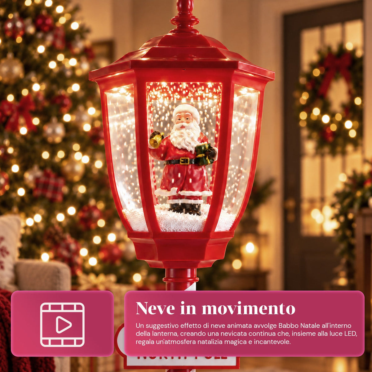Lampione Natalizio Rosso 180 cm con Neve, Luce LED e Musica, 2 Varianti Babbo Natale o Orsetto, Effetto Palla di Vetro, Addobbo di Natale da Terra