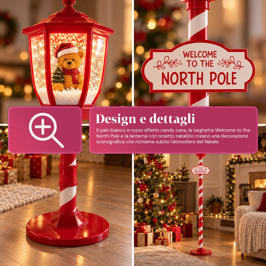 Lampione Natalizio Rosso 180 cm con Neve, Luce LED e Musica, 2 Varianti Babbo Natale o Orsetto, Effetto Palla di Vetro, Addobbo di Natale da Terra