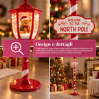 Lampione Natalizio Rosso 180 cm con Neve, Luce LED e Musica, 2 Varianti Babbo Natale o Orsetto, Effetto Palla di Vetro, Addobbo di Natale da Terra