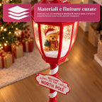 Lampione Natalizio Rosso 180 cm con Neve, Luce LED e Musica, 2 Varianti Babbo Natale o Orsetto, Effetto Palla di Vetro, Addobbo di Natale da Terra