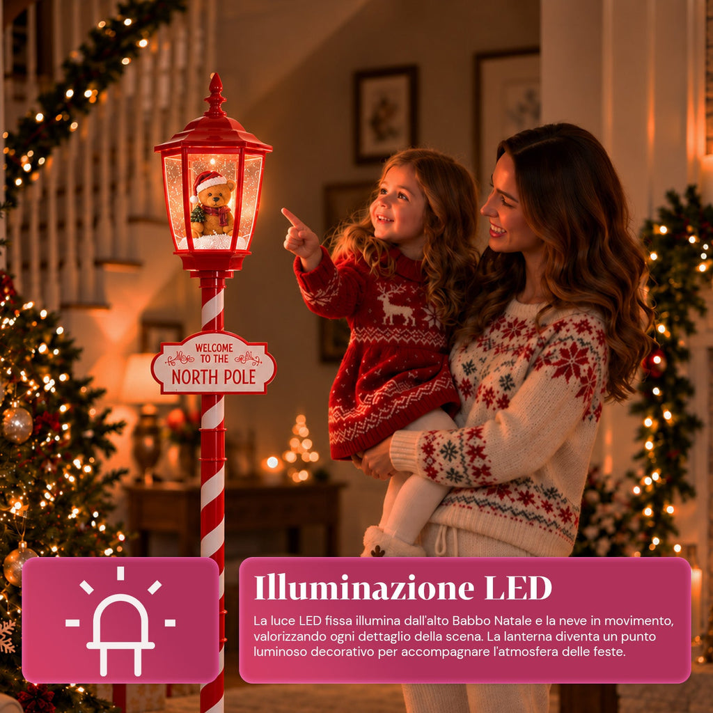 Lampione Natalizio Rosso 180 cm con Neve, Luce LED e Musica, 2 Varianti Babbo Natale o Orsetto, Effetto Palla di Vetro, Addobbo di Natale da Terra