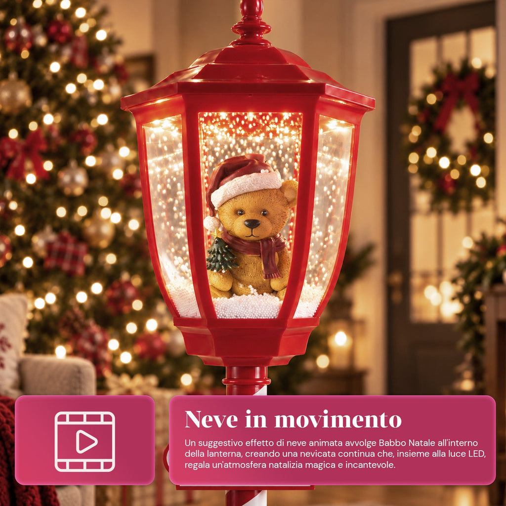 Lampione Natalizio Rosso 180 cm con Neve, Luce LED e Musica, 2 Varianti Babbo Natale o Orsetto, Effetto Palla di Vetro, Addobbo di Natale da Terra