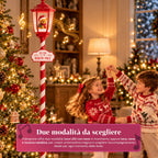 Lampione Natalizio Rosso 180 cm con Neve, Luce LED e Musica, 2 Varianti Babbo Natale o Orsetto, Effetto Palla di Vetro, Addobbo di Natale da Terra