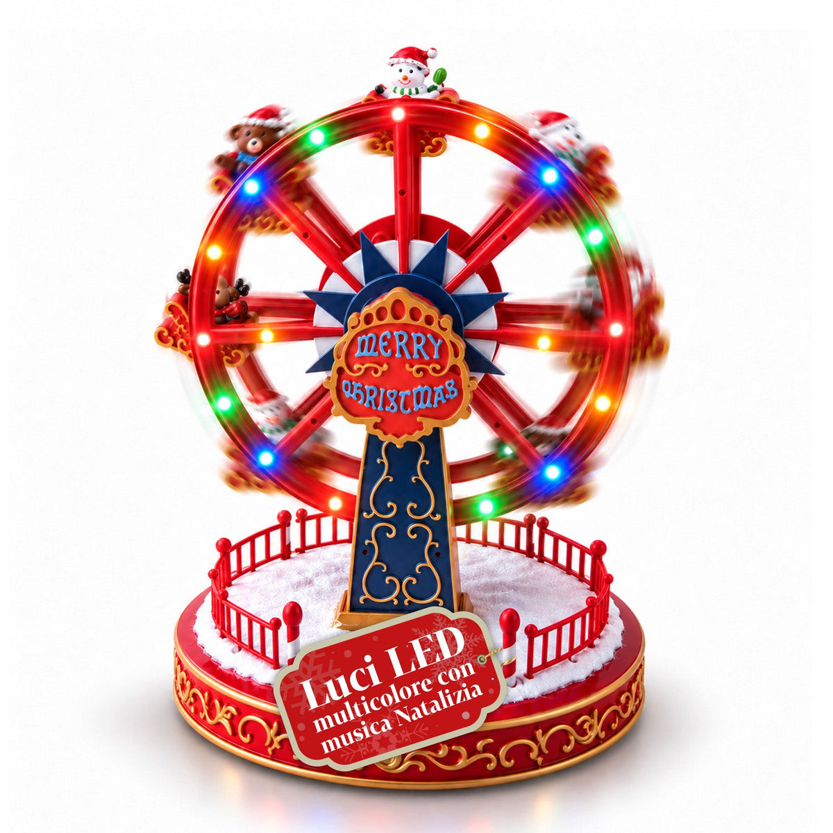 Ruota Panoramica Natalizia con Luci LED, Musica e Movimento Rotante, 2 Colori, Decorazione Natalizia Animata, Altezza 26 cm, Base 22 cm, Plastica