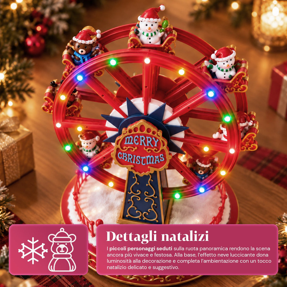 Ruota Panoramica Natalizia con Luci LED, Musica e Movimento Rotante, 2 Colori, Decorazione Natalizia Animata, Altezza 26 cm, Base 22 cm, Plastica