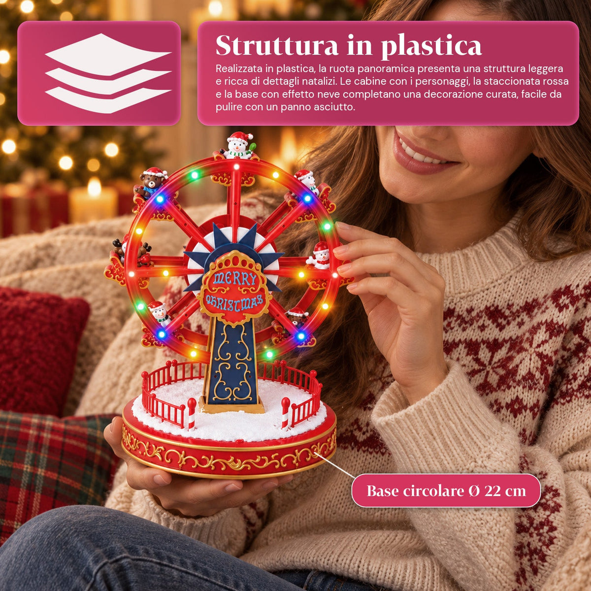 Ruota Panoramica Natalizia con Luci LED, Musica e Movimento Rotante, 2 Colori, Decorazione Natalizia Animata, Altezza 26 cm, Base 22 cm, Plastica