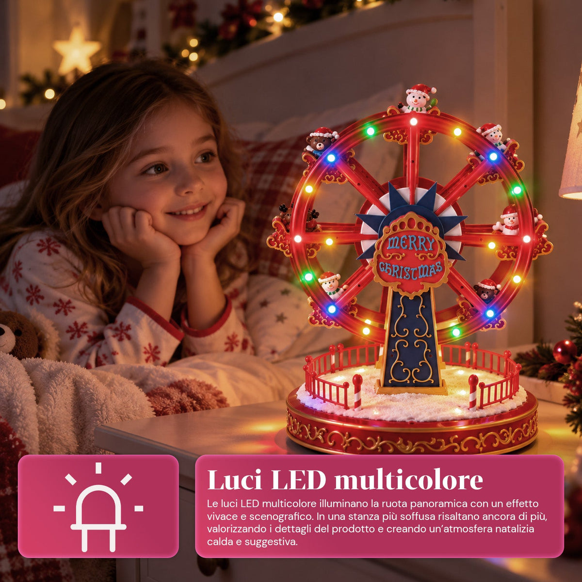 Ruota Panoramica Natalizia con Luci LED, Musica e Movimento Rotante, 2 Colori, Decorazione Natalizia Animata, Altezza 26 cm, Base 22 cm, Plastica