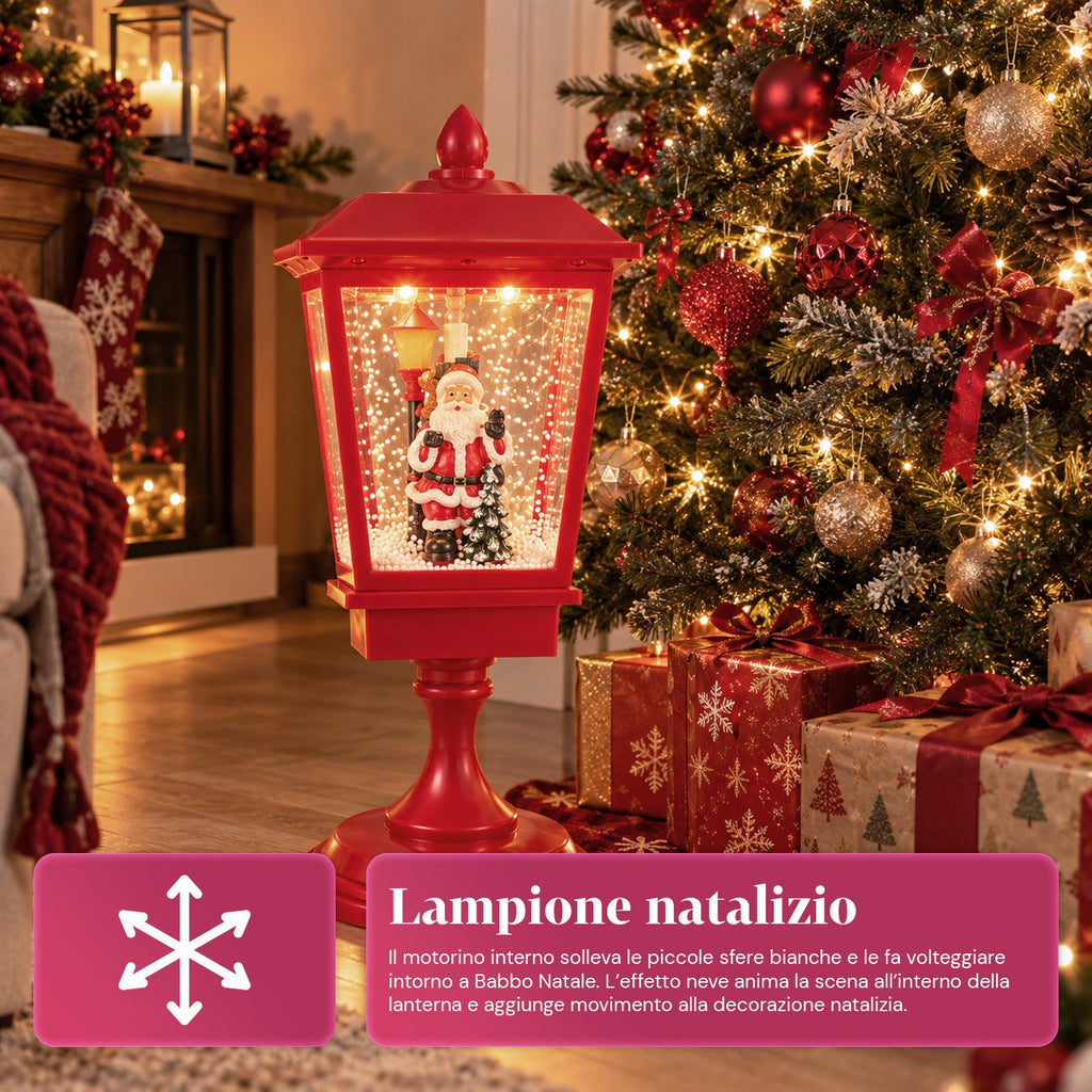 Lampione natalizio luminoso 60 cm con Babbo Natale, effetto neve soffiata e musica, LED, lanterna decorativa natalizia rossa