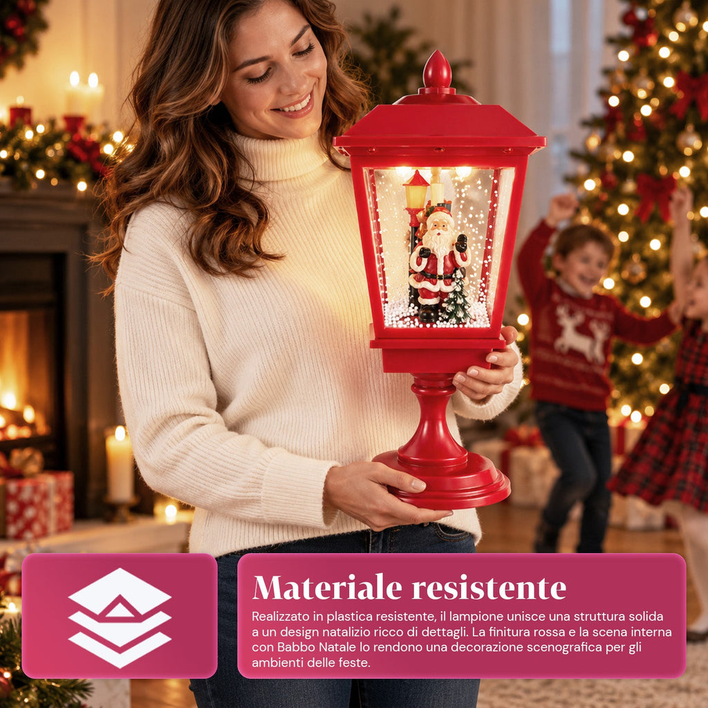 Lampione natalizio luminoso 60 cm con Babbo Natale, effetto neve soffiata e musica, LED, lanterna decorativa natalizia rossa