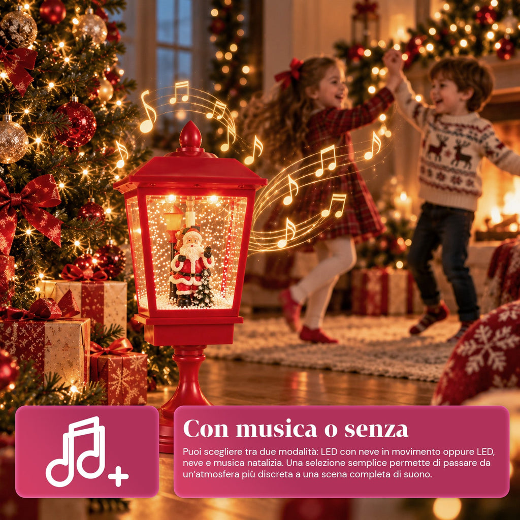 Lampione natalizio luminoso 60 cm con Babbo Natale, effetto neve soffiata e musica, LED, lanterna decorativa natalizia rossa