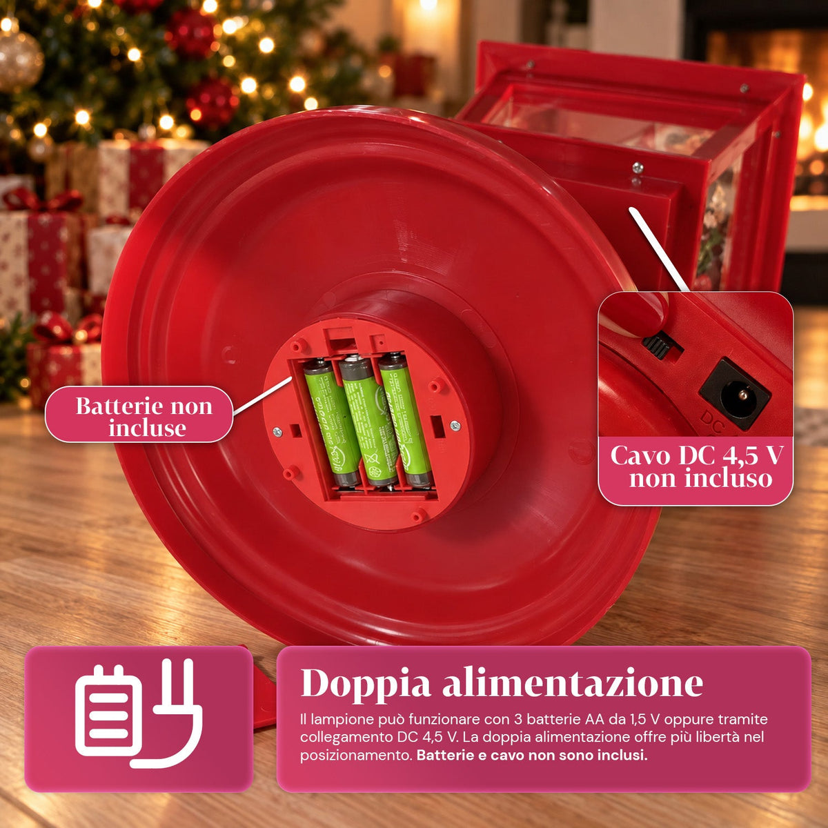 Lampione natalizio luminoso 60 cm con Babbo Natale, effetto neve soffiata e musica, LED, lanterna decorativa natalizia rossa