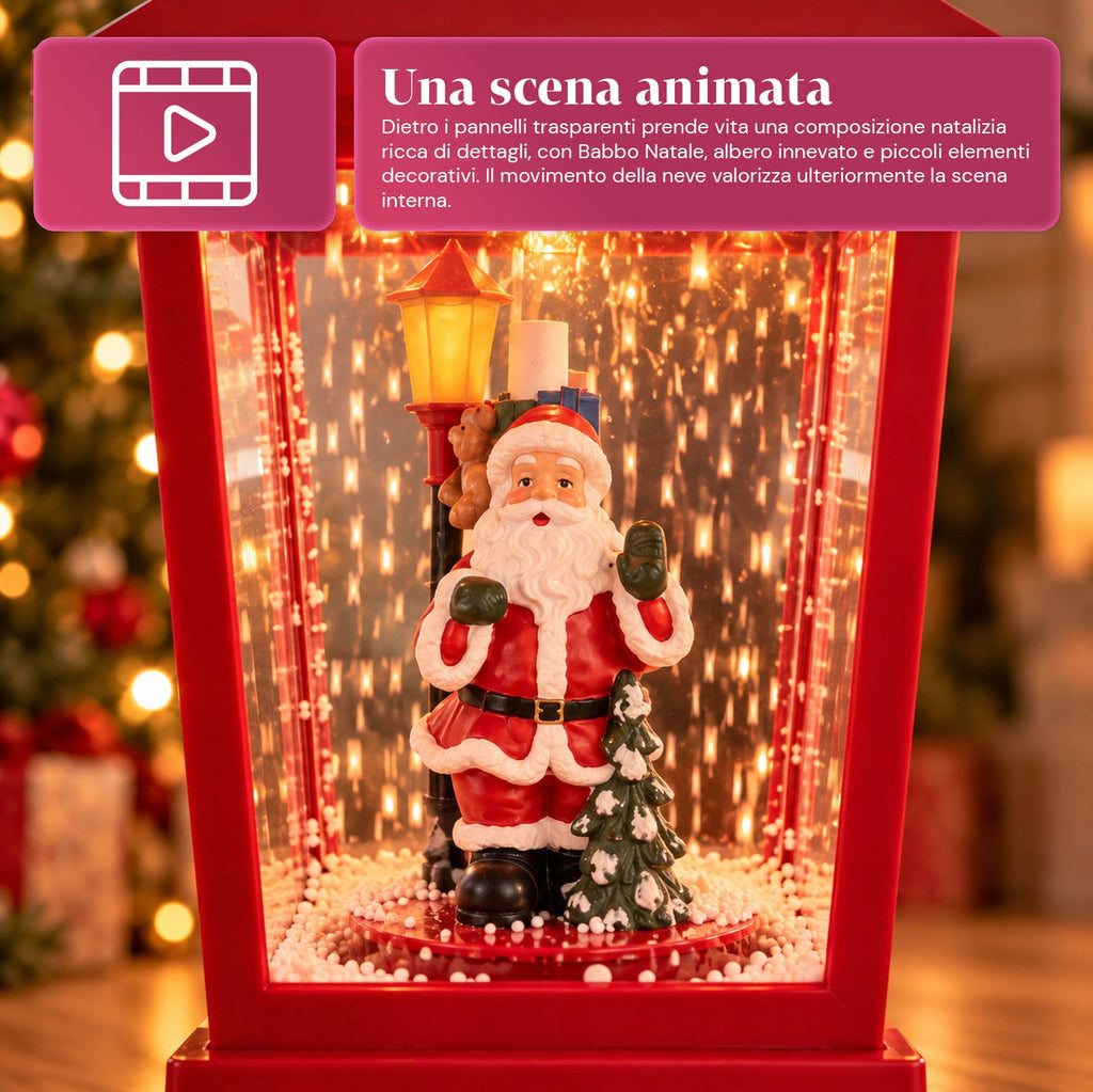Lampione natalizio luminoso 60 cm con Babbo Natale, effetto neve soffiata e musica, LED, lanterna decorativa natalizia rossa