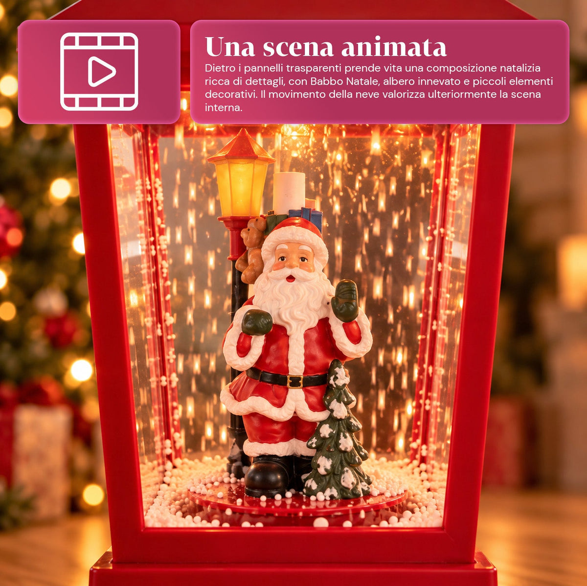 Lampione natalizio luminoso 60 cm con Babbo Natale, effetto neve soffiata e musica, LED, lanterna decorativa natalizia rossa
