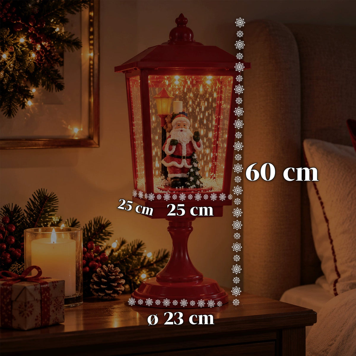Lampione natalizio luminoso 60 cm con Babbo Natale, effetto neve soffiata e musica, LED, lanterna decorativa natalizia rossa