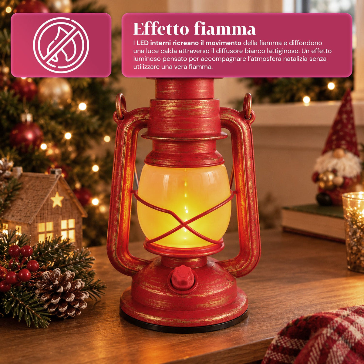 Lanterna Natalizia Rossa LED Effetto Fiamma con Musica di Natale, Gancio per Appendere e Rifiniture Dorate, Decorazione 15x11x25 cm