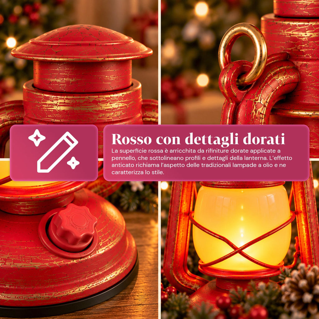 Lanterna Natalizia Rossa LED Effetto Fiamma con Musica di Natale, Gancio per Appendere e Rifiniture Dorate, Decorazione 15x11x25 cm