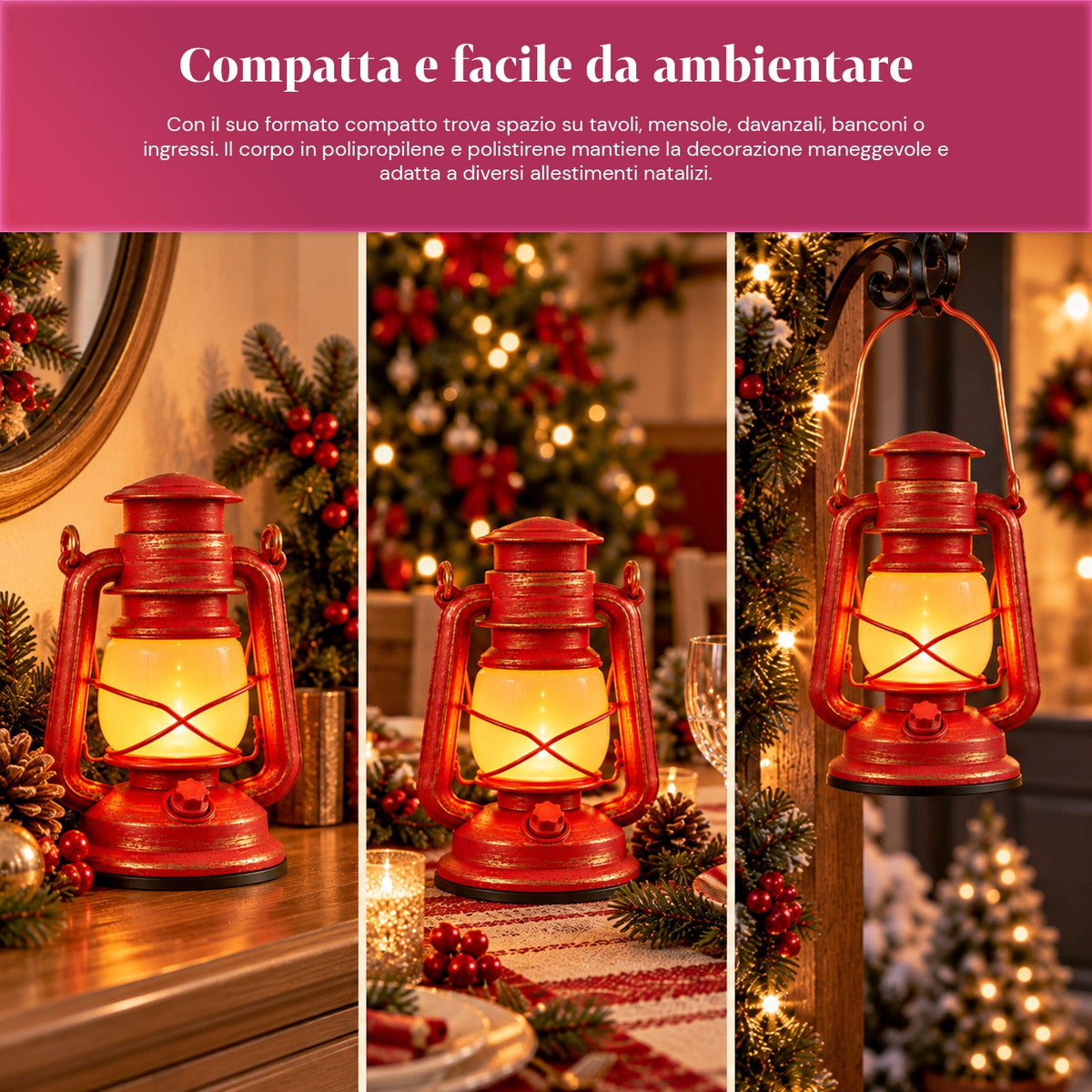 Lanterna Natalizia Rossa LED Effetto Fiamma con Musica di Natale, Gancio per Appendere e Rifiniture Dorate, Decorazione 15x11x25 cm