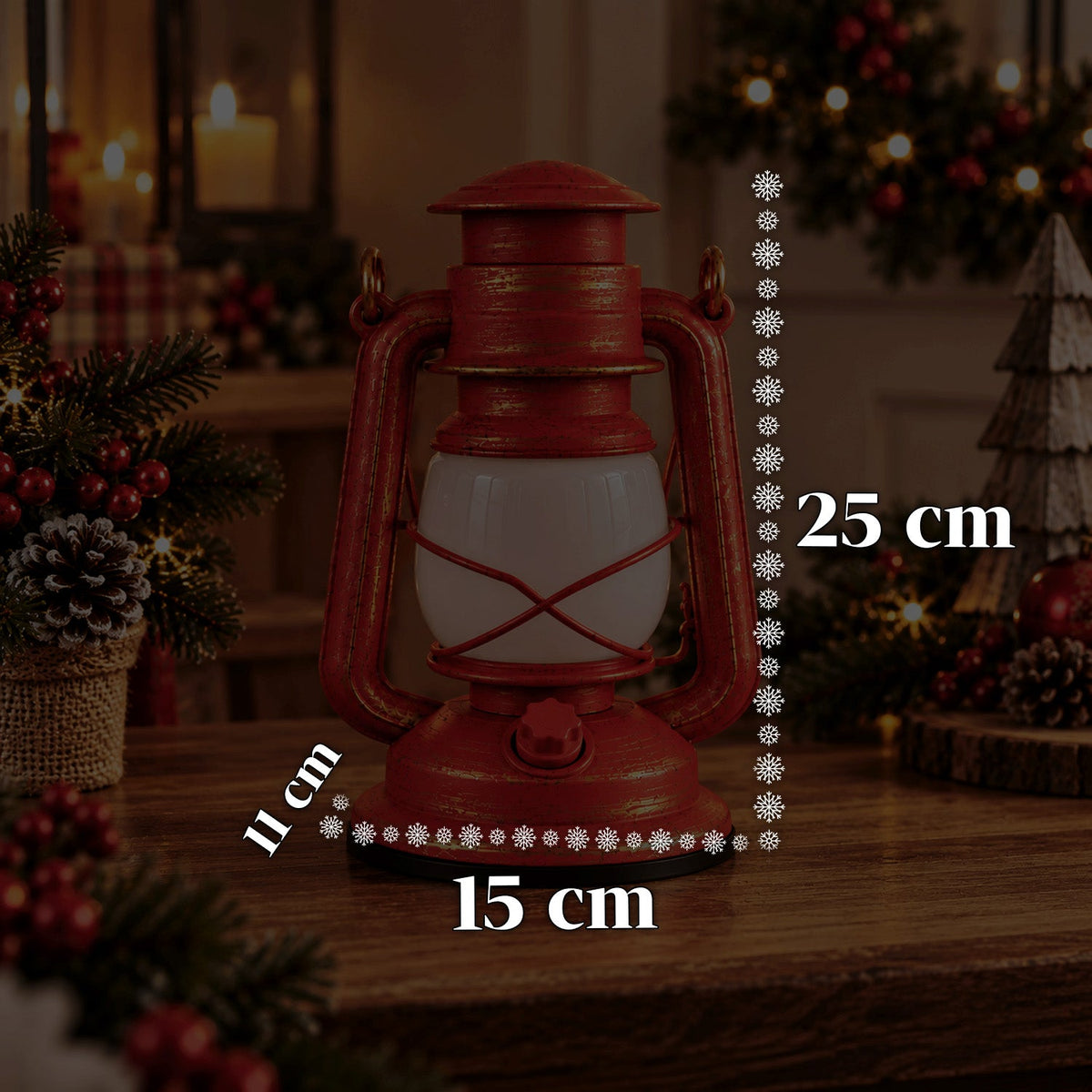 Lanterna Natalizia Rossa LED Effetto Fiamma con Musica di Natale, Gancio per Appendere e Rifiniture Dorate, Decorazione 15x11x25 cm