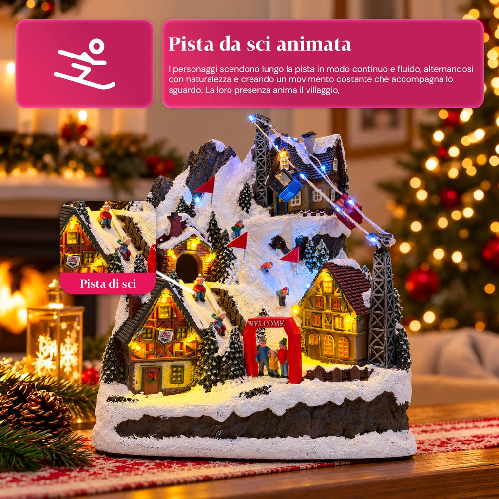 Villaggio di Natale luminoso con scivolo in movimento, funivia, luci LED e musica natalizia – 28x19x32 cm