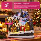 Villaggio di Natale luminoso con scivolo in movimento, funivia, luci LED e musica natalizia – 28x19x32 cm