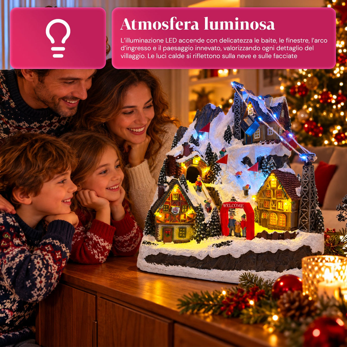 Villaggio di Natale luminoso con scivolo in movimento, funivia, luci LED e musica natalizia – 28x19x32 cm