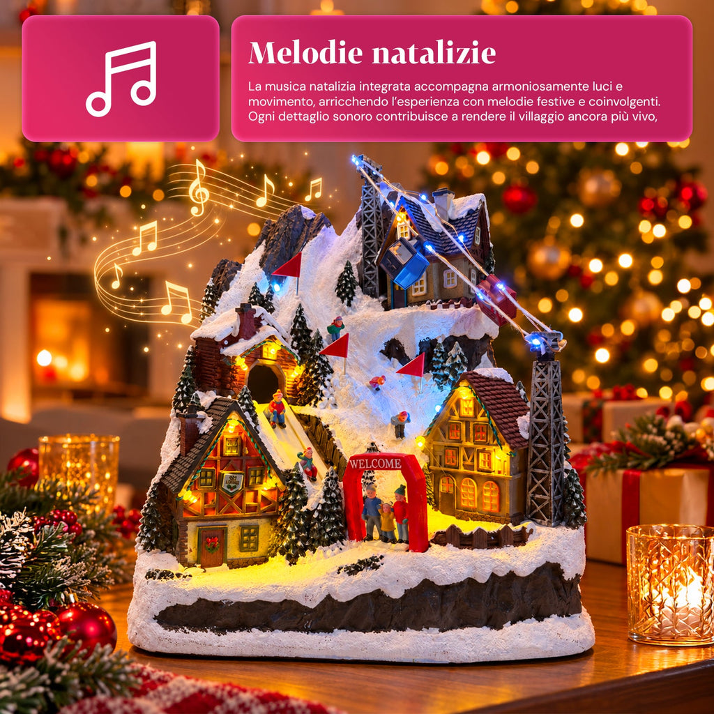 Villaggio di Natale luminoso con scivolo in movimento, funivia, luci LED e musica natalizia – 28x19x32 cm
