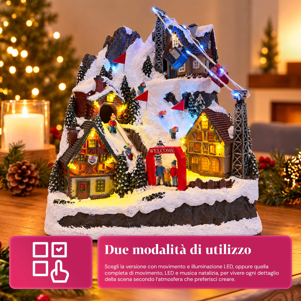 Villaggio di Natale luminoso con scivolo in movimento, funivia, luci LED e musica natalizia – 28x19x32 cm