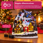 Villaggio di Natale luminoso con scivolo in movimento, funivia, luci LED e musica natalizia – 28x19x32 cm