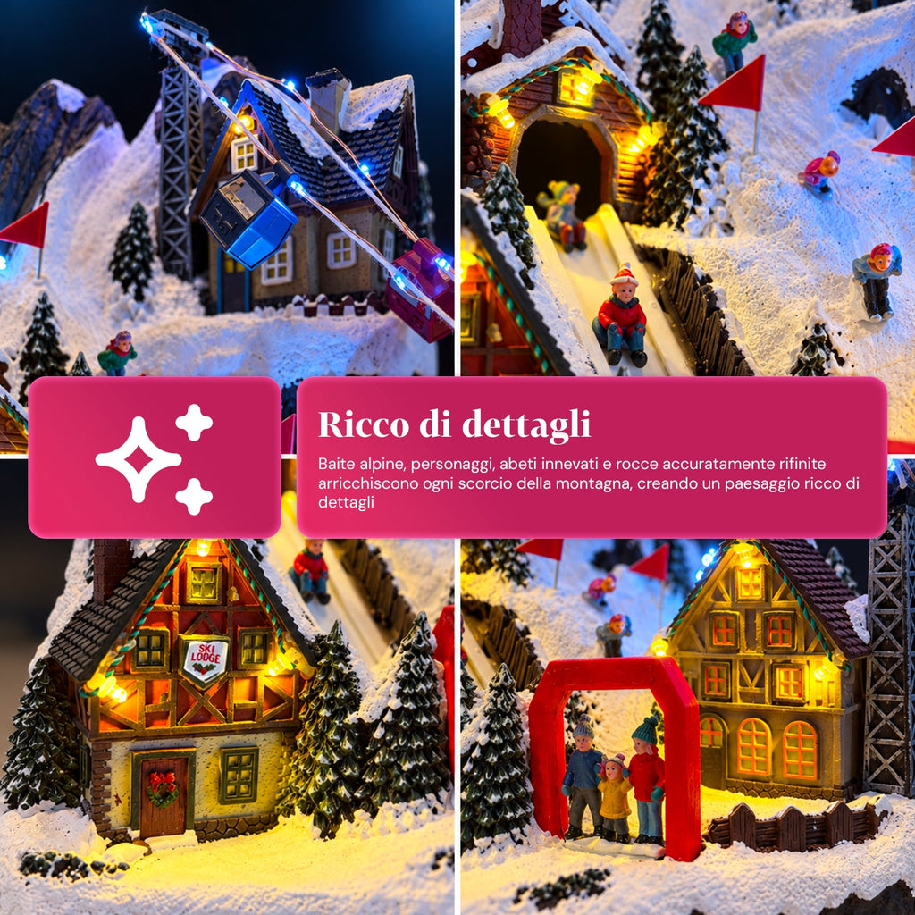 Villaggio di Natale luminoso con scivolo in movimento, funivia, luci LED e musica natalizia – 28x19x32 cm