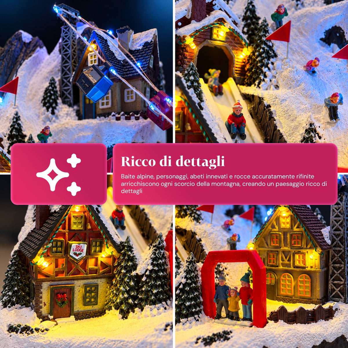 Villaggio di Natale luminoso con scivolo in movimento, funivia, luci LED e musica natalizia – 28x19x32 cm