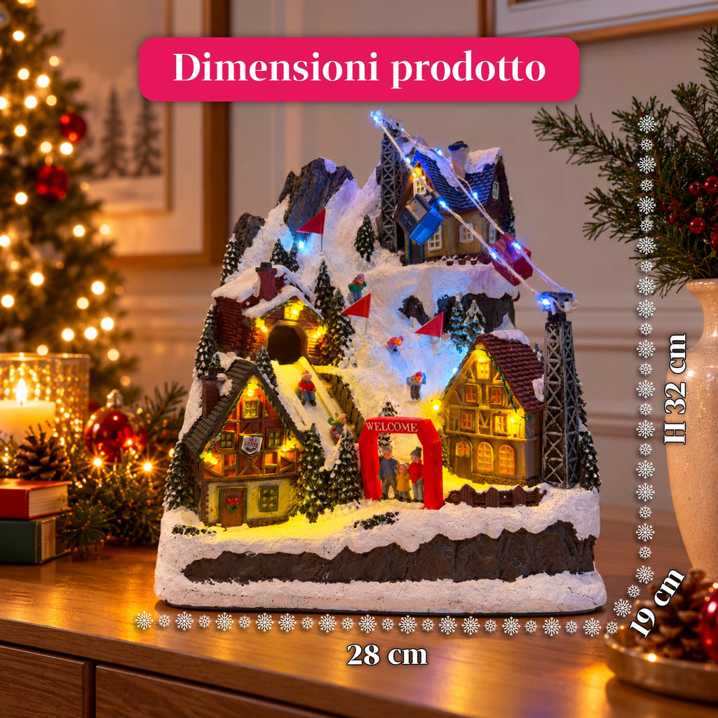 Villaggio di Natale luminoso con scivolo in movimento, funivia, luci LED e musica natalizia – 28x19x32 cm