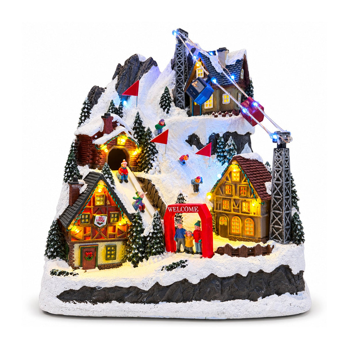 Villaggio di Natale luminoso con scivolo in movimento, funivia, luci LED e musica natalizia – 28x19x32 cm