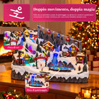 Villaggio di Natale luminoso con piste da sci e pattinaggio in movimento, luci LED e musica – 56x37x42 cm